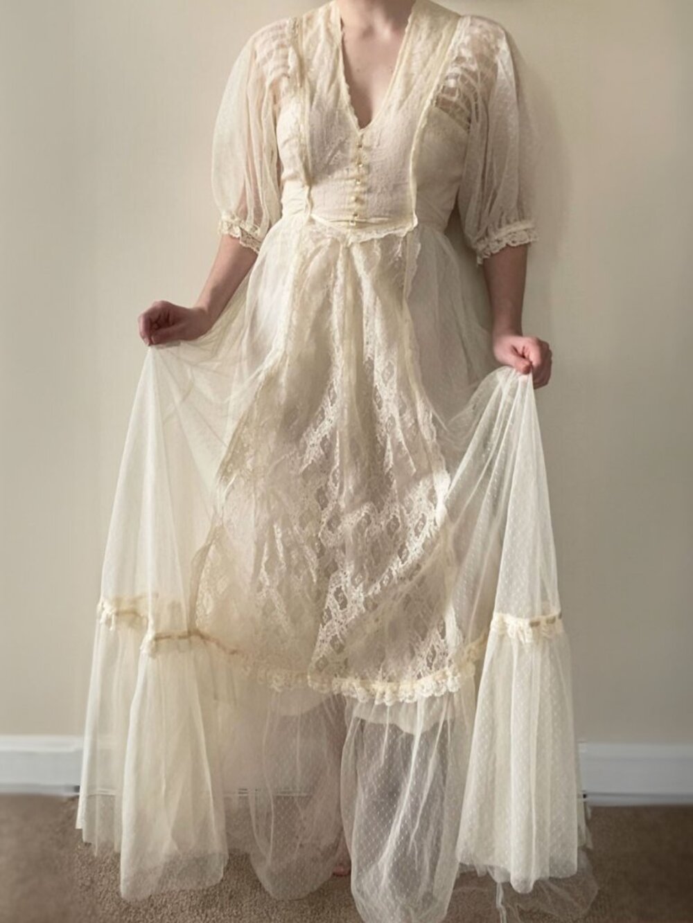 Vintage Jody T Of California Cream Lace Maxi Prairie Dress, Puff Lace Sleeves